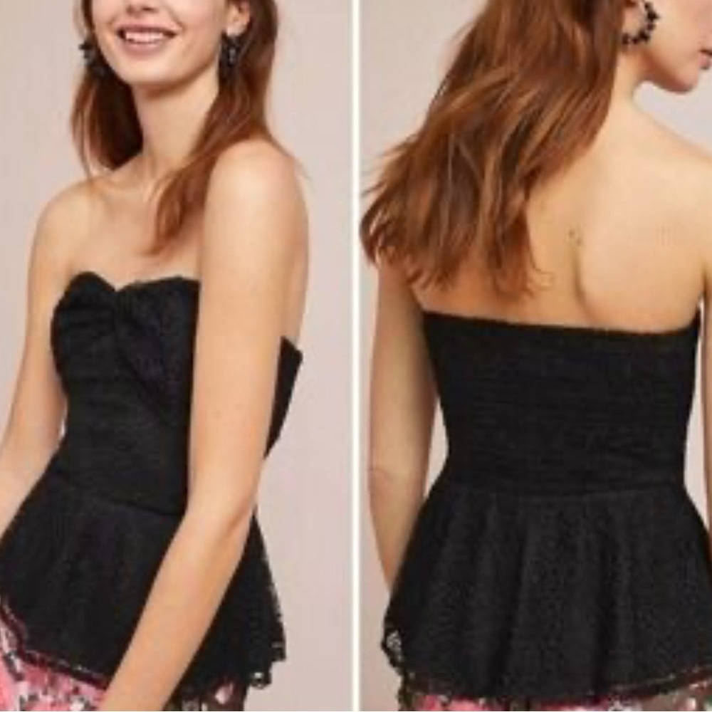 NEW Anthropologie Porridge Bustier‎ Black Strapless Crochet Lace Peplum Size L